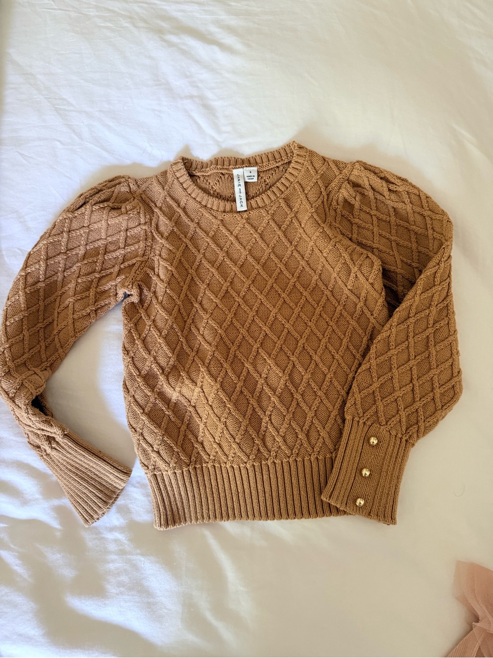 Janie and Jack Cable Knit Puff-Sleeve Sweater in Camel